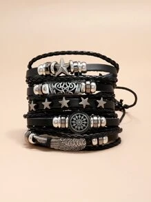 Moda y popular 5 piezas hombres Pulsera con decoración de estrellas PU para regalo de joyería y para un aspecto elegante - Negro - Ver 1