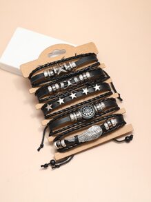 Moda y popular 5 piezas hombres Pulsera con decoración de estrellas PU para regalo de joyería y para un aspecto elegante - Negro - Ver 2