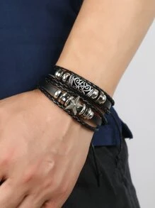 Moda y popular 5 piezas hombres Pulsera con decoración de estrellas PU para regalo de joyería y para un aspecto elegante - Negro - Ver 4