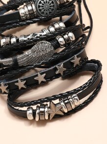 Moda y popular 5 piezas hombres Pulsera con decoración de estrellas PU para regalo de joyería y para un aspecto elegante - Negro - Ver 5