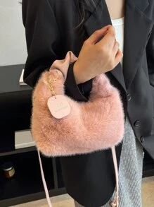 Minimalist Fuzzy Hobo Bag With Letter Charm - Pink - View 1