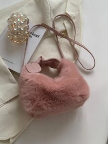 Minimalist Fuzzy Hobo Bag With Letter Charm - Pink - View 5