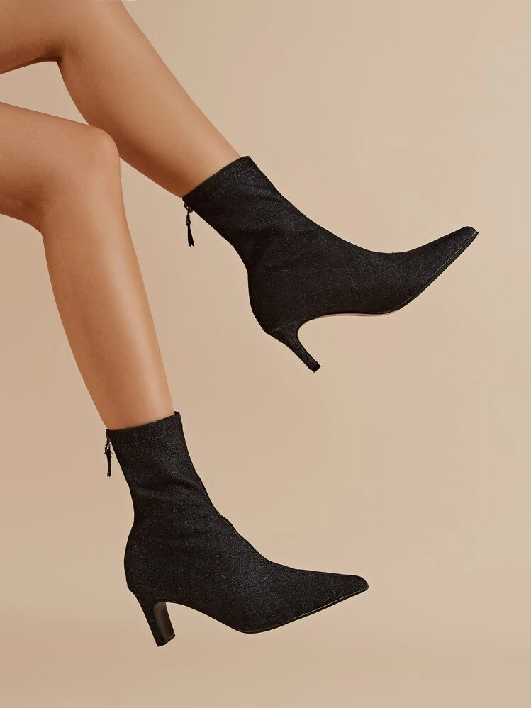 Point Toe Heeled Denim Sock Boots SHEIN
