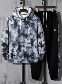 Manfinity Men Tie Dye Kangaroo Pocket Drawstring Hoodie & Joggers - Multicolor - View 1