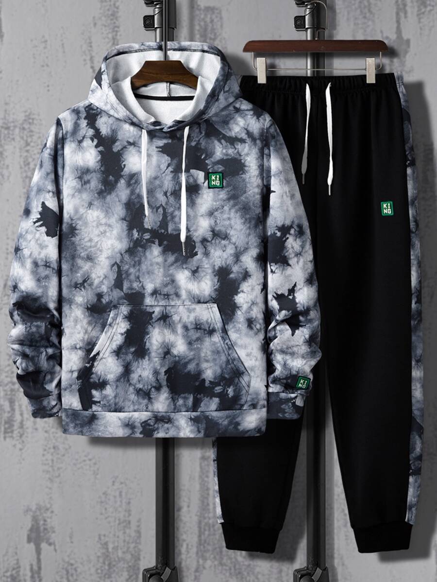 Manfinity Men Tie Dye Kangaroo Pocket Drawstring Hoodie & Joggers - Multicolor - View 1