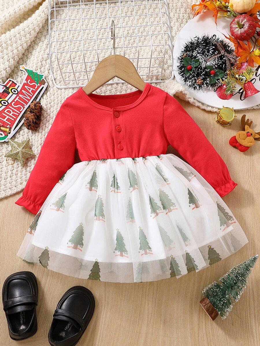 Bebé Vestido de color combinado con estampado de Navidad con botón bajo con malla - Rojo y blanco - Ver 1