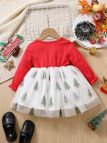 Bebé Vestido de color combinado con estampado de Navidad con botón bajo con malla - Rojo y blanco - Ver 2