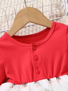 Bebé Vestido de color combinado con estampado de Navidad con botón bajo con malla - Rojo y blanco - Ver 3