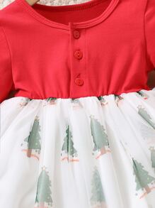 Bebé Vestido de color combinado con estampado de Navidad con botón bajo con malla - Rojo y blanco - Ver 4