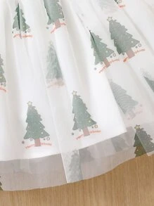 Bebé Vestido de color combinado con estampado de Navidad con botón bajo con malla - Rojo y blanco - Ver 5
