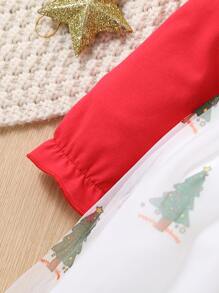 Bebé Vestido de color combinado con estampado de Navidad con botón bajo con malla - Rojo y blanco - Ver 6