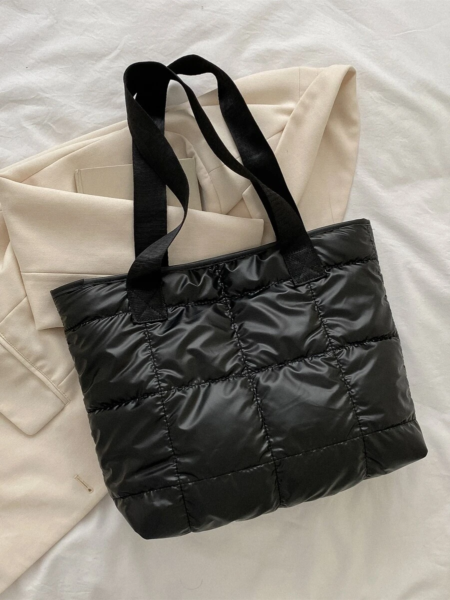 Quilted Detail Shoulder Tote Bag - Black - View 1