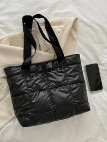 Quilted Detail Shoulder Tote Bag - Black - View 4