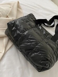 Quilted Detail Shoulder Tote Bag - Black - View 7