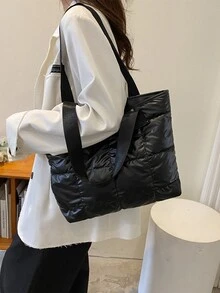 Quilted Detail Shoulder Tote Bag - Black - View 8