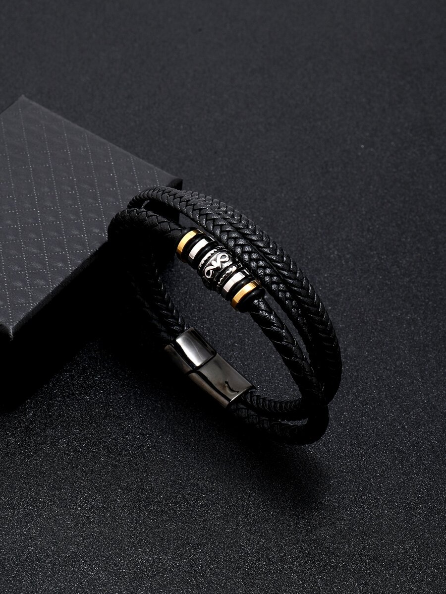 Những người đàn ông thời trang và phổ biến Vòng tay bện từ tính có chi tiết PU để làm quà tặng trang sức và cho một vẻ ngoài sành điệu - màu đen - Xem 1