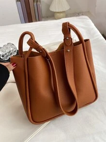 荔枝紋壓花單肩包帶內袋 - 亮橙色 - 查看 4