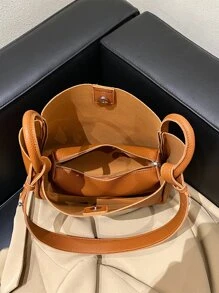 荔枝紋壓花單肩包帶內袋 - 亮橙色 - 查看 5