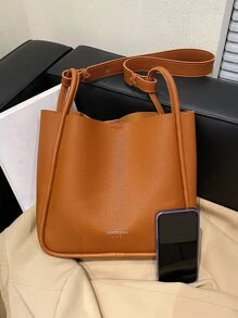 荔枝紋壓花單肩包帶內袋 - 亮橙色 - 查看 6