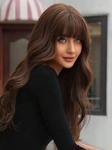 長款卷人造假髮帶劉海 - 棕色 - 查看 3