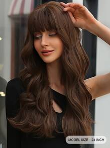 長款卷人造假髮帶劉海 - 棕色 - 查看 4