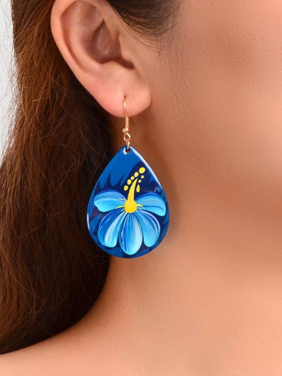 Flower Pattern Water Drop Earrings - Multicolor - View 1