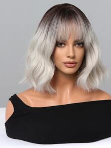 Ombre Golden Short Wavy Curly Wig With Bangs For Lolita Role Play, Pale Platinum Bobcut, Heat-Resistant Synthetic Wig, Suitable For Women's Daily And Party Wear - 彩色 - 查看 6