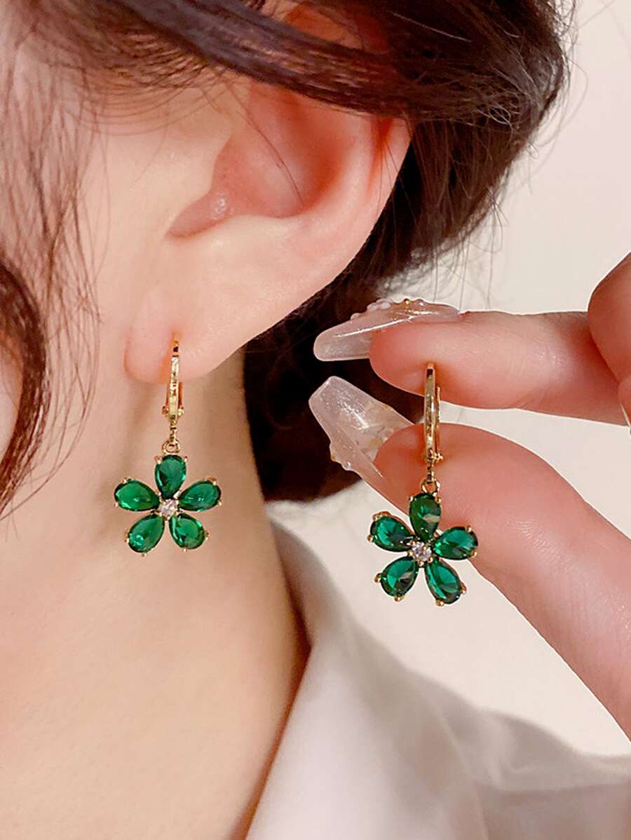 Rhinestone Flower Decor Drop Earrings Valentines,Mom,Mother,Mother's Day,Gift - Dark Green - View 1