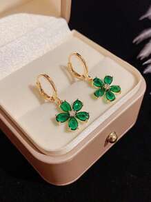 Rhinestone Flower Decor Drop Earrings Valentines,Mom,Mother,Mother's Day,Gift - Dark Green - View 2