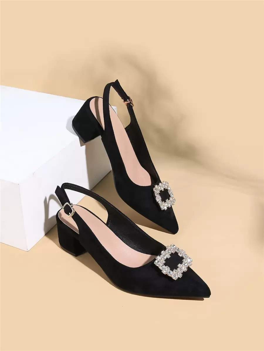 Bombas de Salto Slingback de Camurça Sintética com Decoração de Strass, Elegante, para Festa, Dia dos Namorados