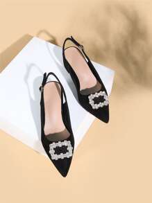 Bombas de Salto Slingback de Camurça Sintética com Decoração de Strass, Elegante, para Festa, Dia dos Namorados