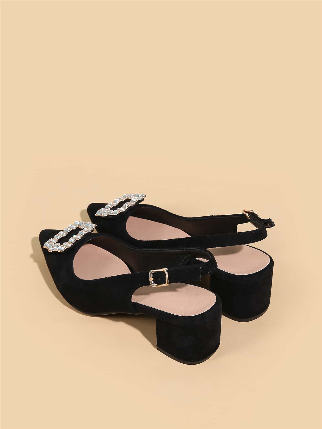 Tacones de salón con slingback de ante sintético con decoración de strass para otoño/invierno, elegantes y para fiestas como San Valentín - Negro - Añade 3