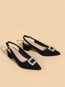 Bombas de Salto Slingback de Camurça Sintética com Decoração de Strass, Elegante, para Festa, Dia dos Namorados