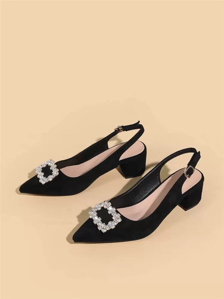 Tacones de salón con slingback de ante sintético con decoración de strass para otoño/invierno, elegantes y para fiestas como San Valentín - Negro - Añade 5