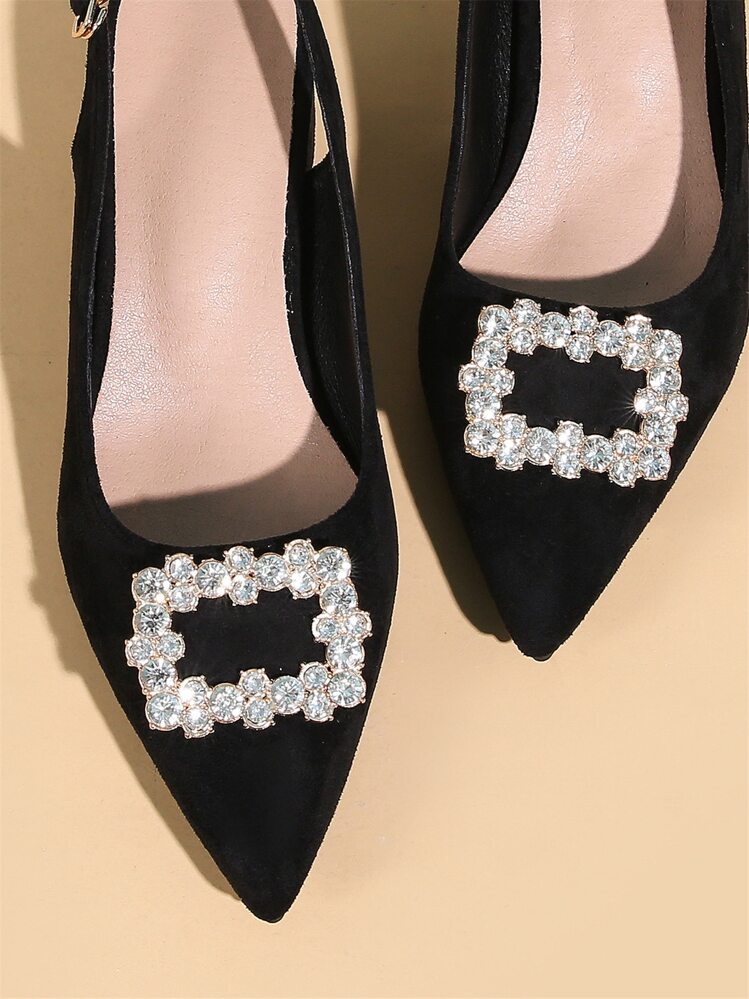 Tacones de salón con slingback de ante sintético con decoración de strass para otoño/invierno, elegantes y para fiestas como San Valentín - Negro - Añade 6