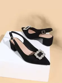 Bombas de Salto Slingback de Camurça Sintética com Decoração de Strass, Elegante, para Festa, Dia dos Namorados