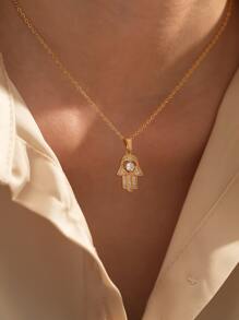 Cubic Zirconia Hand Pendant Necklace - Yellow Gold - View 1