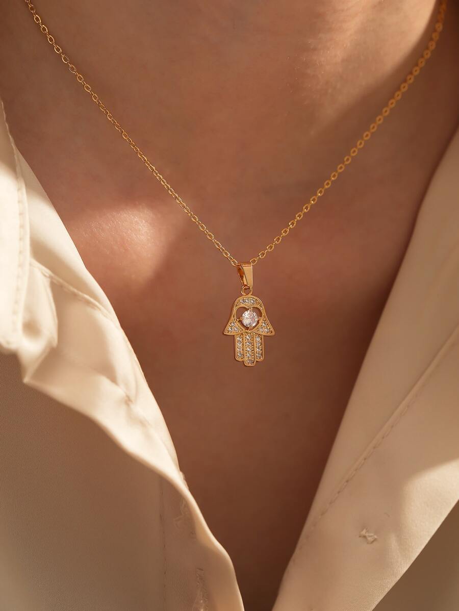 Cubic Zirconia Hand Pendant Necklace - Yellow Gold - View 1