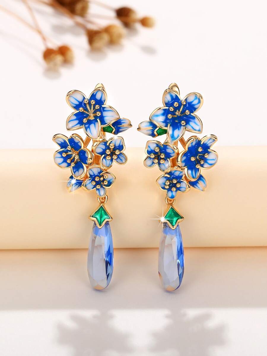 Thả hoa tai Trang trí Hoa Khối Zirconia - Màu xanh lam - Xem 1