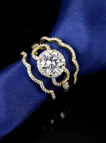 3入組豪華白色鋯石銅戒指套裝,可疊積和分開 - 金黃色 - 查看 2