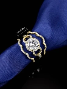 3入組豪華白色鋯石銅戒指套裝,可疊積和分開 - 金黃色 - 查看 3