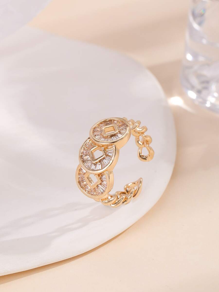 Cubic Zirconia Decor Cuff Ring - Yellow Gold - View 1