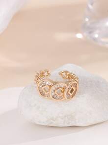 Cubic Zirconia Decor Cuff Ring - Yellow Gold - View 2