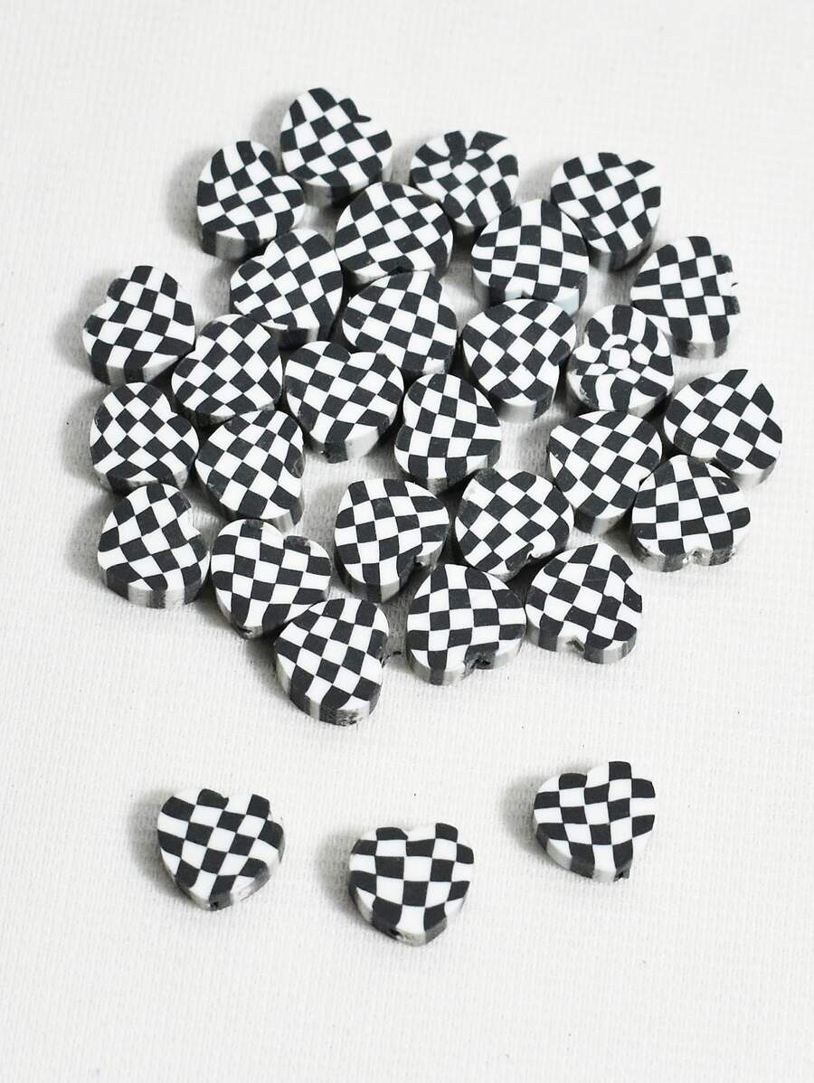 30入組/包10mm雙色格子黑色和白色心形聚合物粘土珠子適用於手環和項鏈製作 - 黑與白 - 查看 1