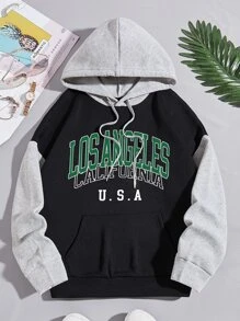 SHEIN EZwear Two Tone Letter Graphic Kangaroo Pocket Drawstring Hoodie - Black - View 1