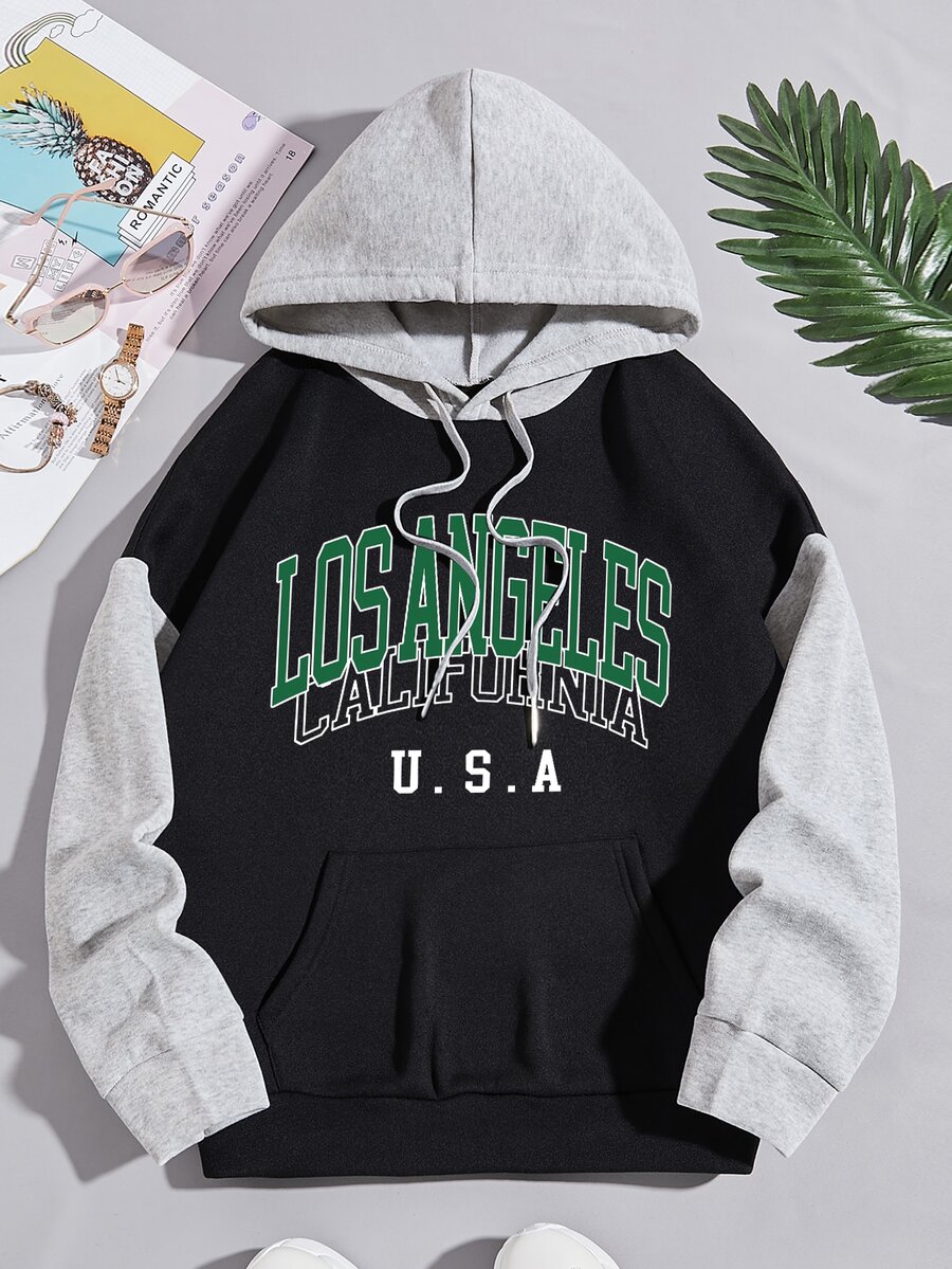 SHEIN EZwear Two Tone Letter Graphic Kangaroo Pocket Drawstring Hoodie - Black - View 1