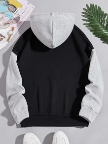 SHEIN EZwear Two Tone Letter Graphic Kangaroo Pocket Drawstring Hoodie - Black - View 2