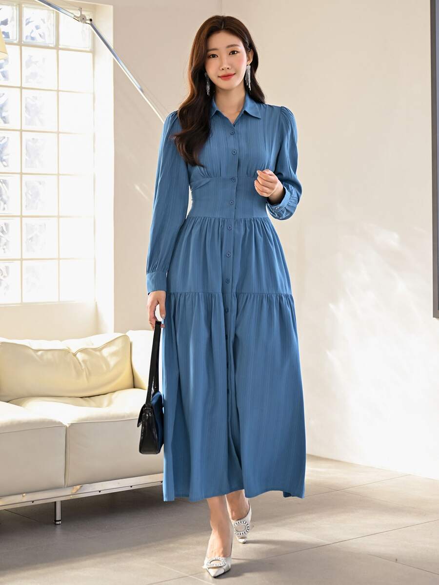 Modelyn 素色前紐扣襯衫連衣裙 - 藍色 - 查看 1