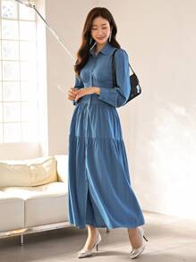 Modelyn 素色前紐扣襯衫連衣裙 - 藍色 - 查看 3