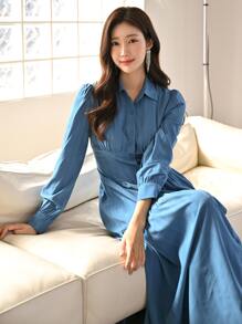 Modelyn 素色前紐扣襯衫連衣裙 - 藍色 - 查看 4